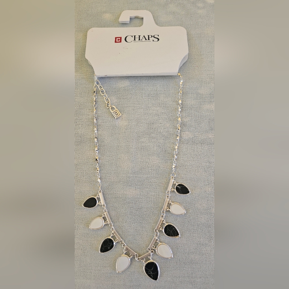 Chaps Silver and Black Leaf Shape Necklace NWT